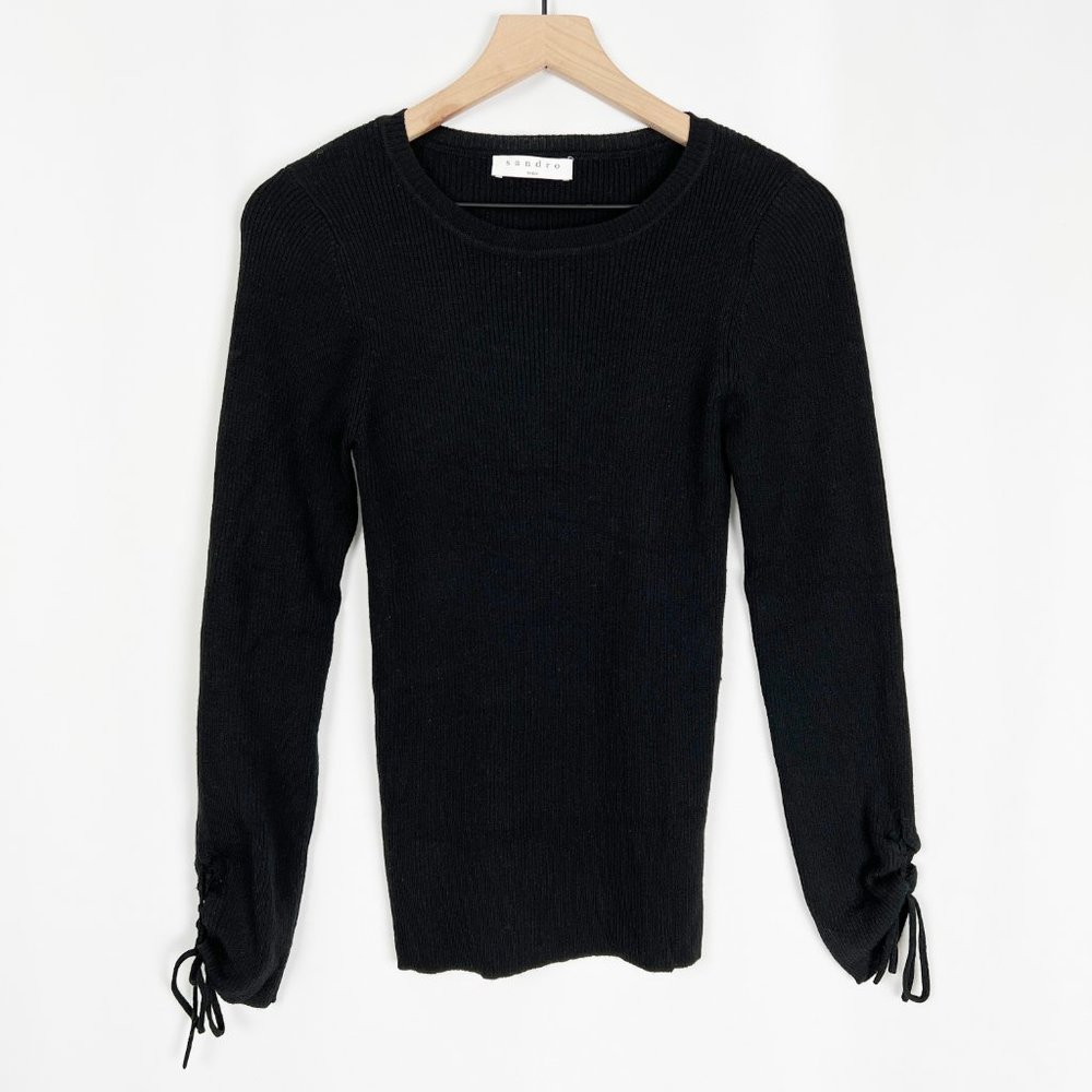 Sandro Paris Wool Blend Ribbed Knit Fitted Lace Up Long Sleeve Crew Neck Sweater - Picture 1 of 7
